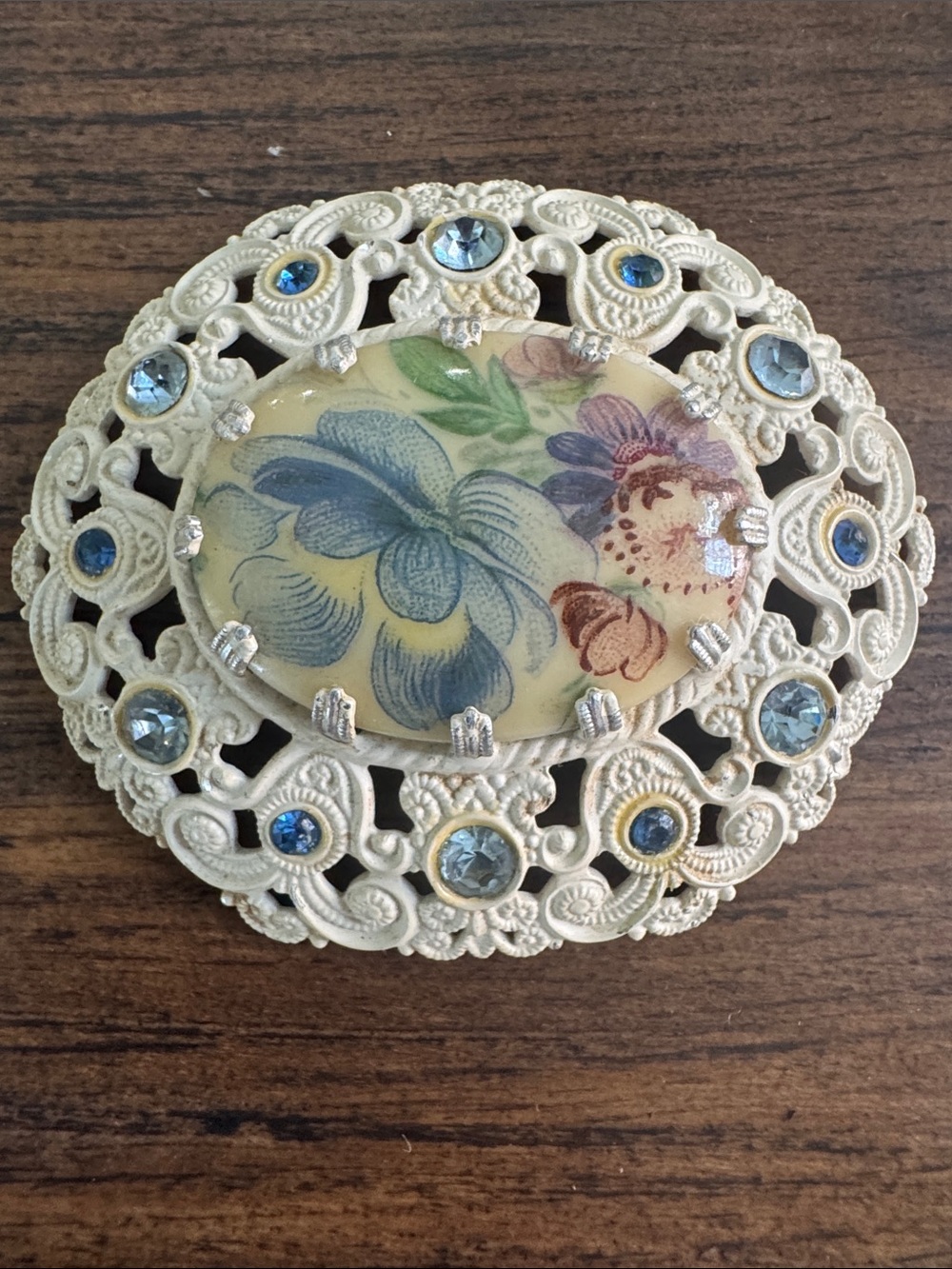 Vintage West Germany White Filigree Floral Brooch Pin